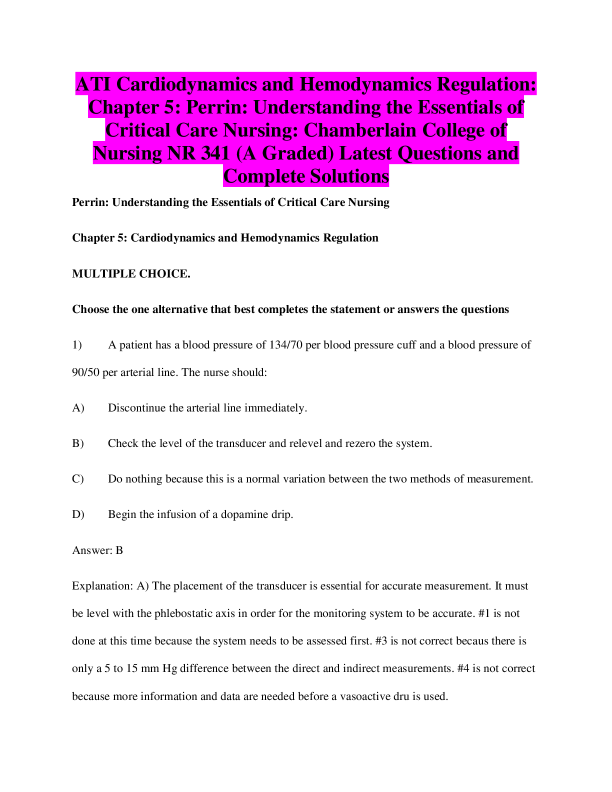 Preview image for ATI Cardiodynamics and Hemodynamics Regulation: Chapter 5: Perrin: Understanding the Essentials of Critical Care Nursing: Chamberlain College of Nursing NR 341 (A Graded) Latest Questions and Complete Solutions